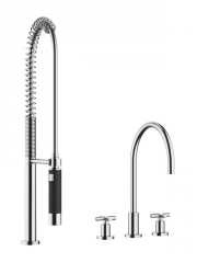 Dornbracht Tara Dreilochbatterie + Profibrausegarnitur, Hochdruck, Chrom geb�rstet, 20815892-93+27789970-93