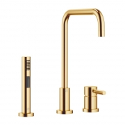 Dornbracht Meta.02 Einhebelmischer, Zweilochbatterie + Sp�lbrausegarnitur, Hochdruck, Messing geb�rstet, 32815625-28+27721970-28